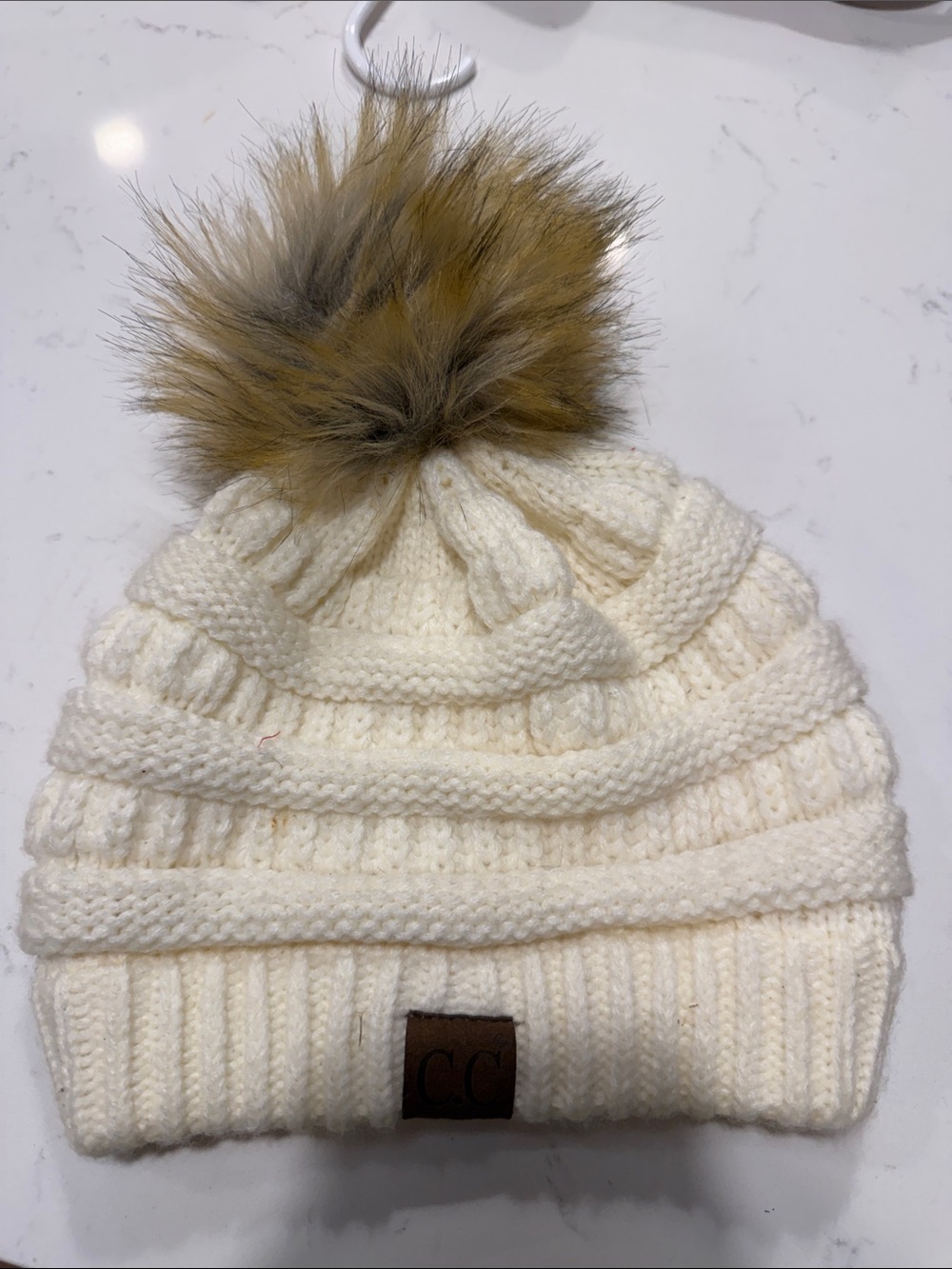 C.C Cream Knit Beanie with Brown Faux-Fur Pom